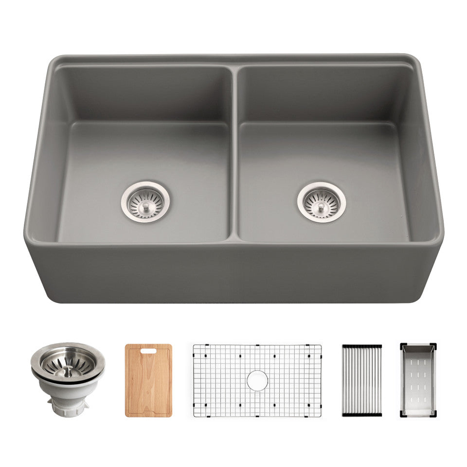Houzer Aspire 33" Fireclay Farmhouse Apron Front 50/50 Double Bowl Workstation Sink with Accessories PTW-3320SD