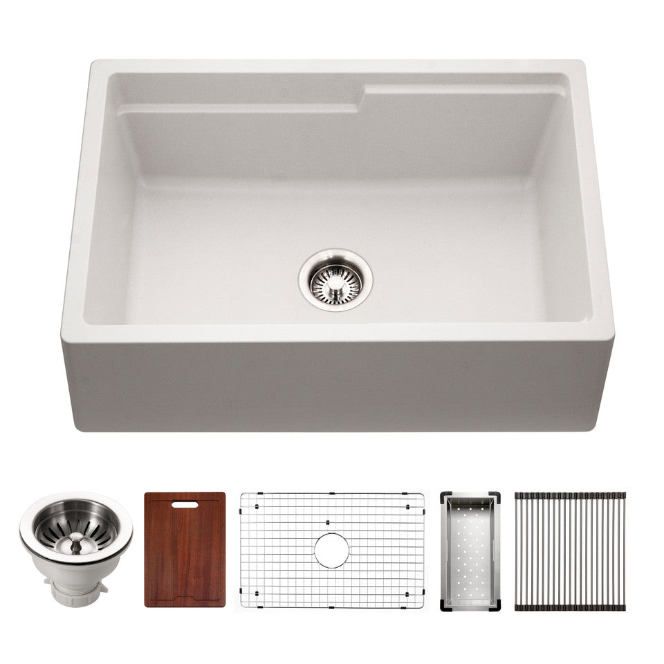 Houzer Quartztone 30" Cloud Apron Front Farmhouse Granite Composite Workstation Kitchen Sink with Accessories - W-130 CLOUD-C