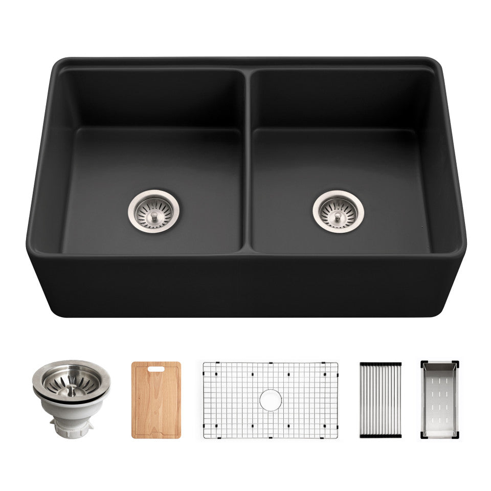 Houzer Aspire 33" Fireclay Farmhouse Apron Front 50/50 Double Bowl Workstation Sink with Accessories PTW-3320SD