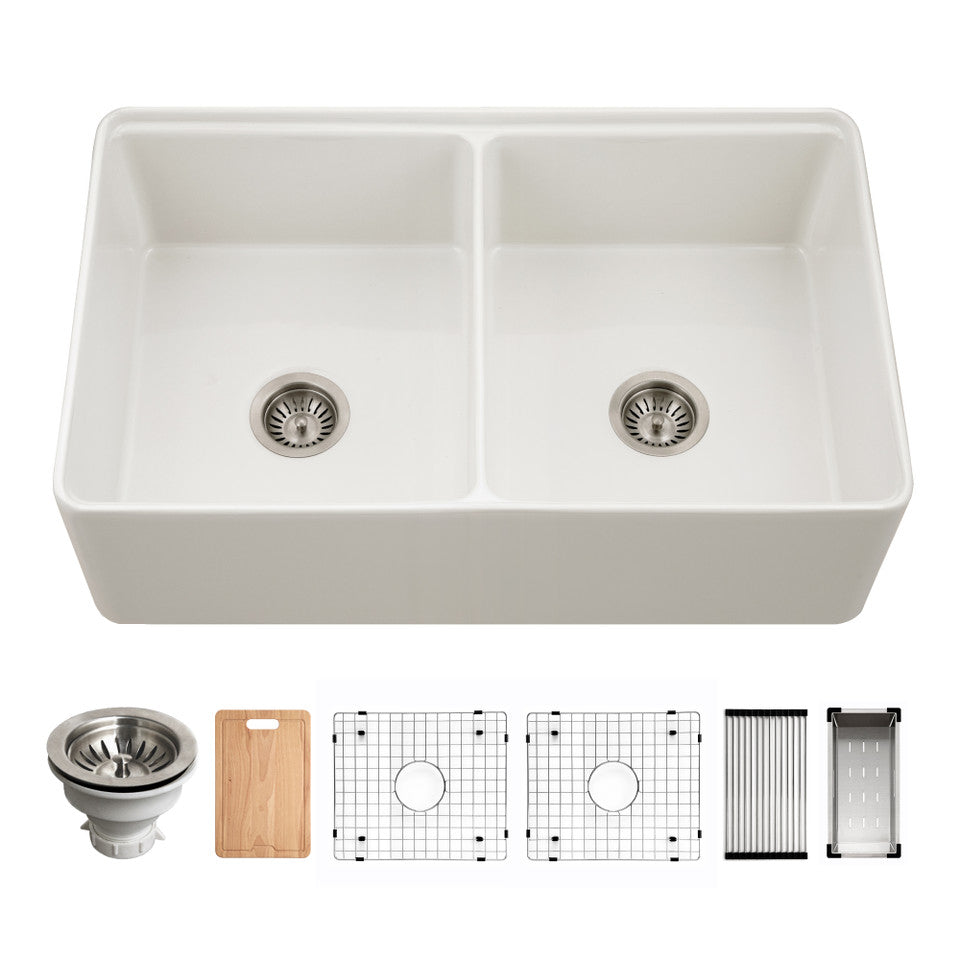 Houzer Aspire 33" Fireclay Farmhouse Apron Front 50/50 Double Bowl Workstation Sink with Accessories PTW-3320SD