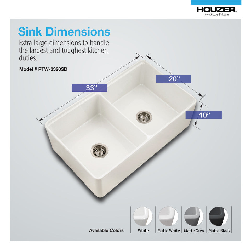 Houzer Aspire 33" Fireclay Farmhouse Apron Front 50/50 Double Bowl Workstation Sink with Accessories PTW-3320SD