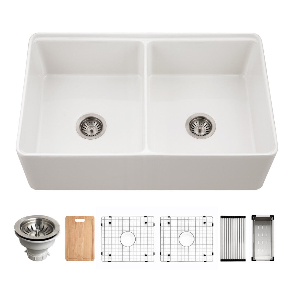 Houzer Aspire 33" Fireclay Farmhouse Apron Front 50/50 Double Bowl Workstation Sink with Accessories PTW-3320SD