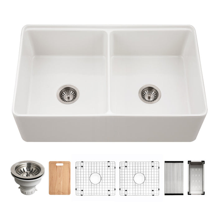 Houzer Aspire 33" Fireclay Farmhouse Apron Front 50/50 Double Bowl Workstation Sink with Accessories PTW-3320SD