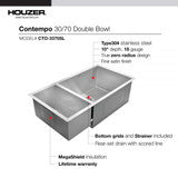 Houzer Contempo 33" Stainless Steel Undermount 70/30 Double Left or Right Prep Bowl Kitchen Sink with Strainer & Grids CTO-3370SR