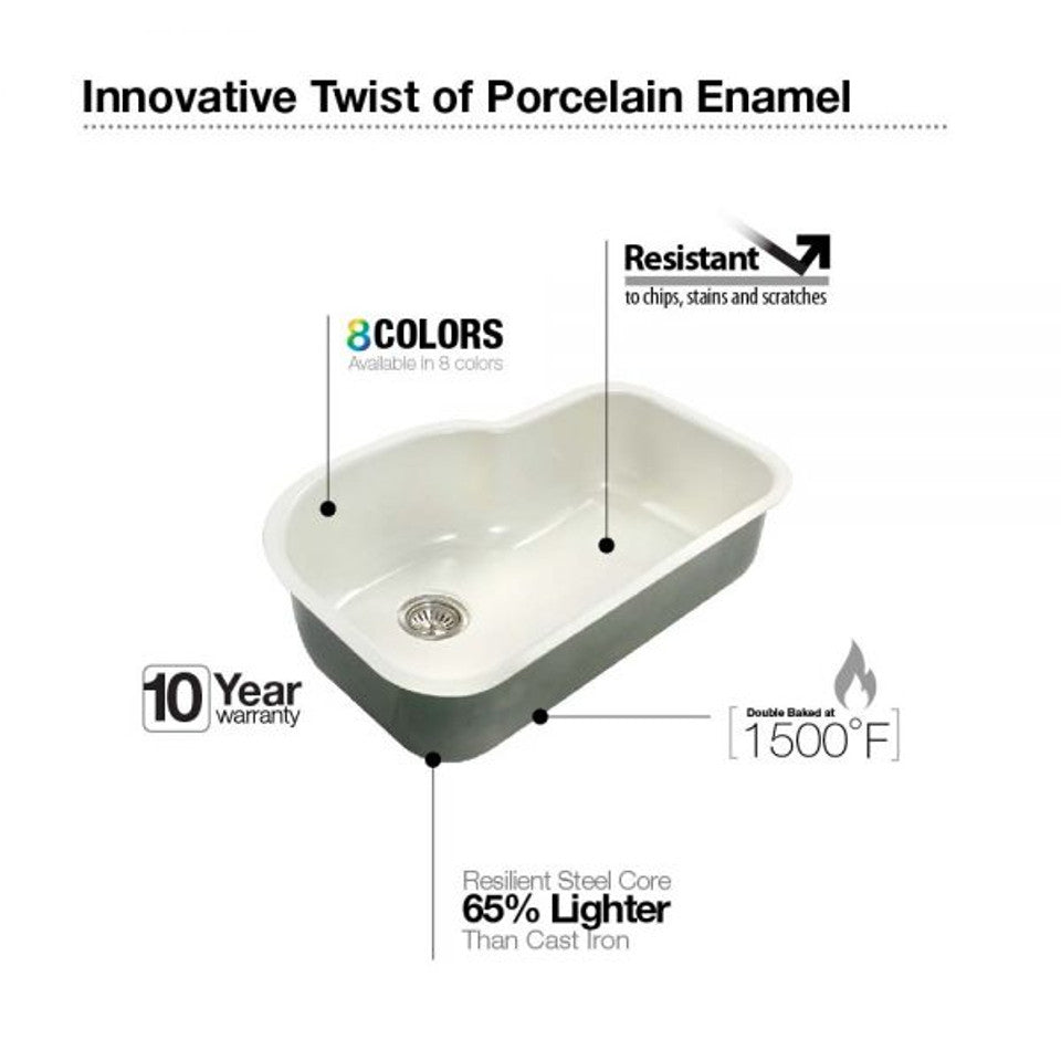 Houzer Porcela 31" Porcelain Enamel Steel Undermount Single Bowl Offset Kitchen Sink PCH-3700 WH