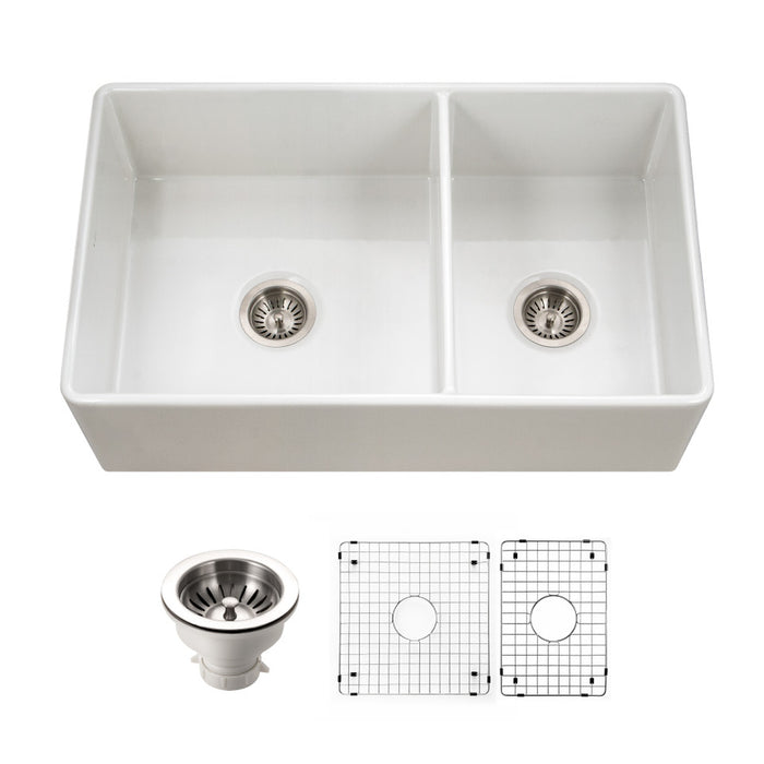 Houzer Platus 33 inch White Fireclay Apron Front Farmhouse 60/40 Double Bowl Kitchen Sink - PTD-6040 WH