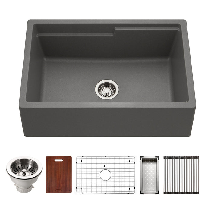 Houzer Quartztone 30" Cloud Apron Front Farmhouse Granite Composite Workstation Kitchen Sink with Accessories - W-130 CLOUD-C