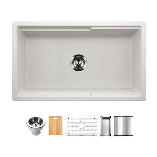 Houzer Quartztone 33" Cloud Apron Front Farmhouse Granite Composite Workstation Kitchen Sink with Accessories - W-133 CLOUD-C