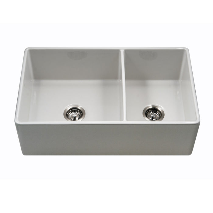 Houzer Platus 33 inch White Fireclay Apron Front Farmhouse 60/40 Double Bowl Kitchen Sink - PTD-6040 WH