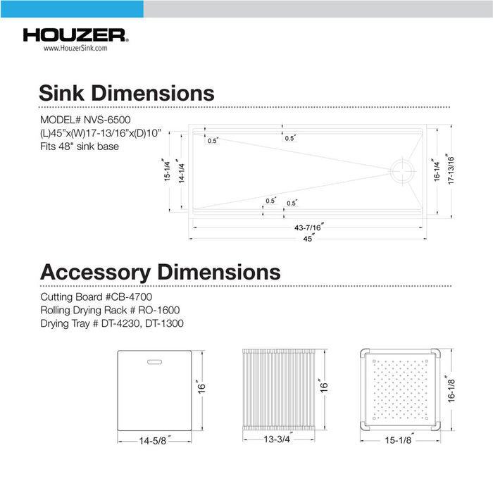 Houzer 45 inch Novus 18 Gauge Stainless Steel Undermount Dual Platform Workstation Single Bowl Kitchen Sink with Accessories - NVS-6500
