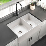 Houzer Platus 33 inch White Fireclay Apron Front Farmhouse 60/40 Double Bowl Kitchen Sink - PTD-6040 WH
