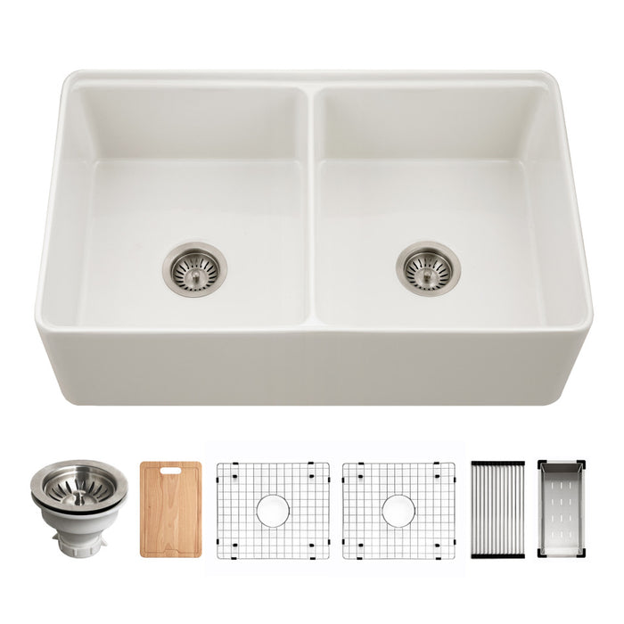 Houzer Aspire 33" Fireclay Farmhouse Apron Front 50/50 Double Bowl Workstation Sink with Accessories PTW-3320SD