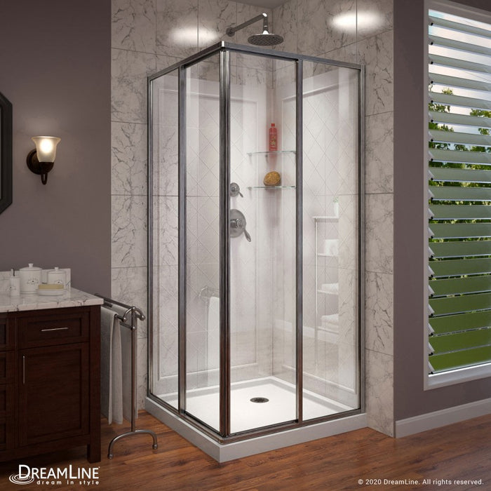 DreamLine Cornerview Sliding Shower Enclosure, White Base, and White Wall Kit