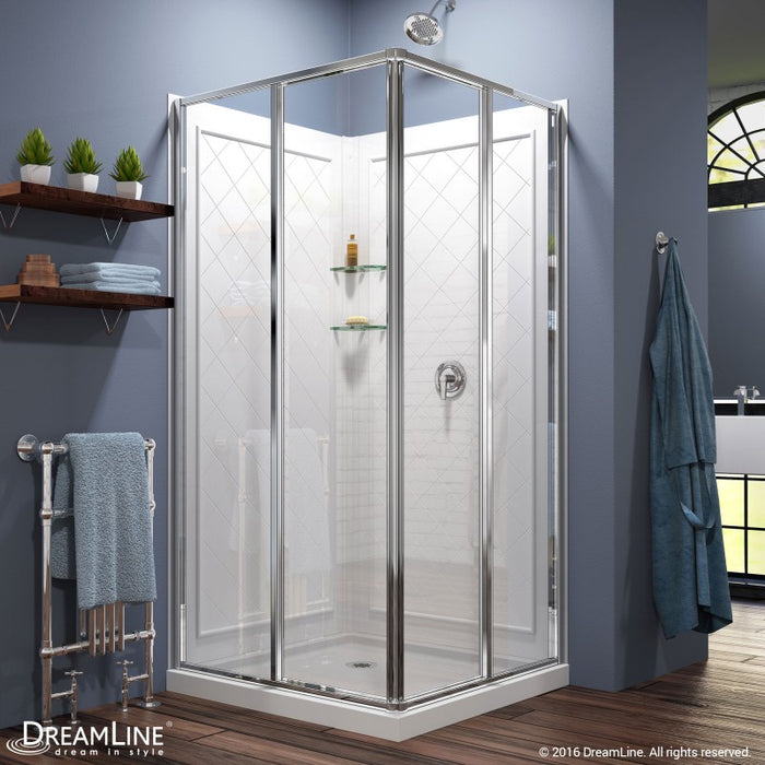 DreamLine Cornerview Sliding Shower Enclosure, White Base, and White Wall Kit