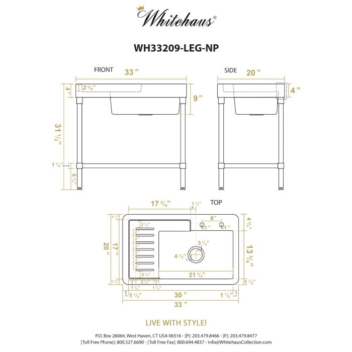 Whitehaus WH33209-LEG-NP Pearlhaus Brushed Stainless Steel Single Bowl Utility Sink With Drainboard