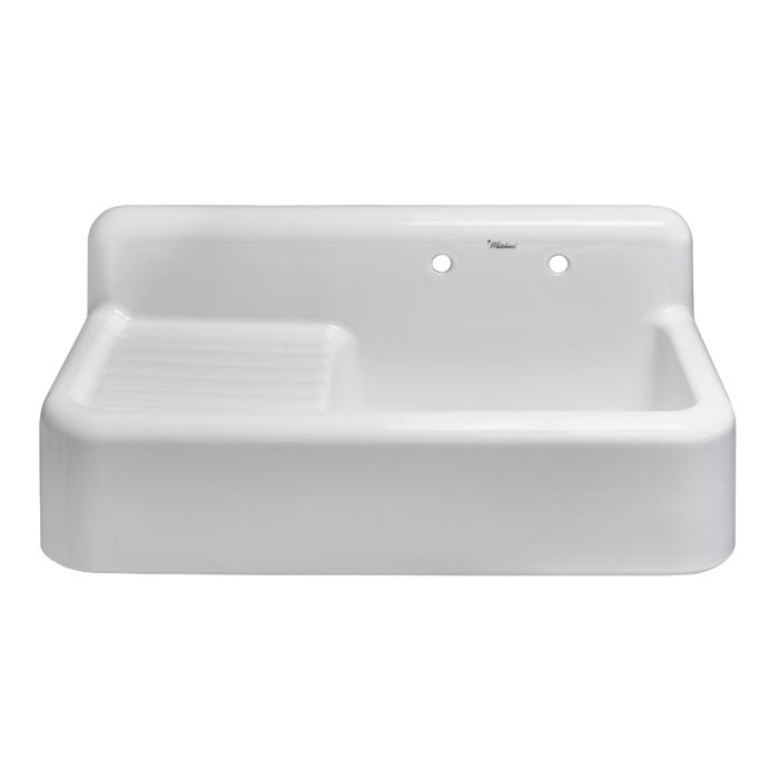 Whitehaus WHQD4220-WHITE Front Apron Single Bowl Fireclay Sink with Integral Drainboard