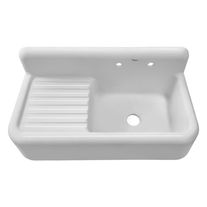 Whitehaus WHQD4220-WHITE Front Apron Single Bowl Fireclay Sink with Integral Drainboard