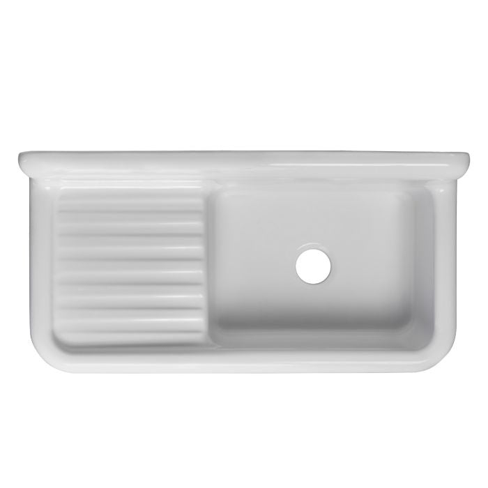 Whitehaus WHQD4220-WHITE Front Apron Single Bowl Fireclay Sink with Integral Drainboard