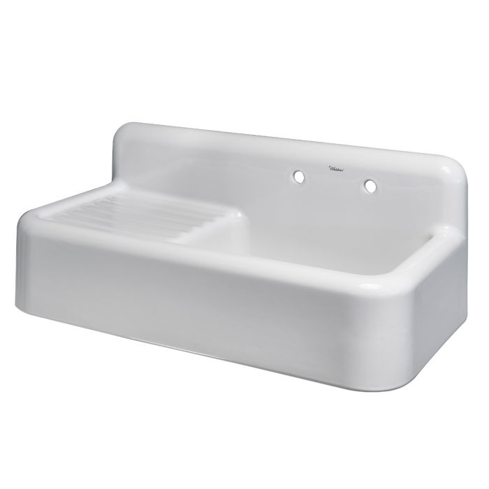 Whitehaus WHQD4220-WHITE Front Apron Single Bowl Fireclay Sink with Integral Drainboard